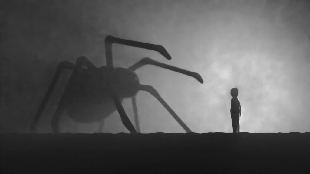 Giant spider approaching small standing person in the shadows of the night